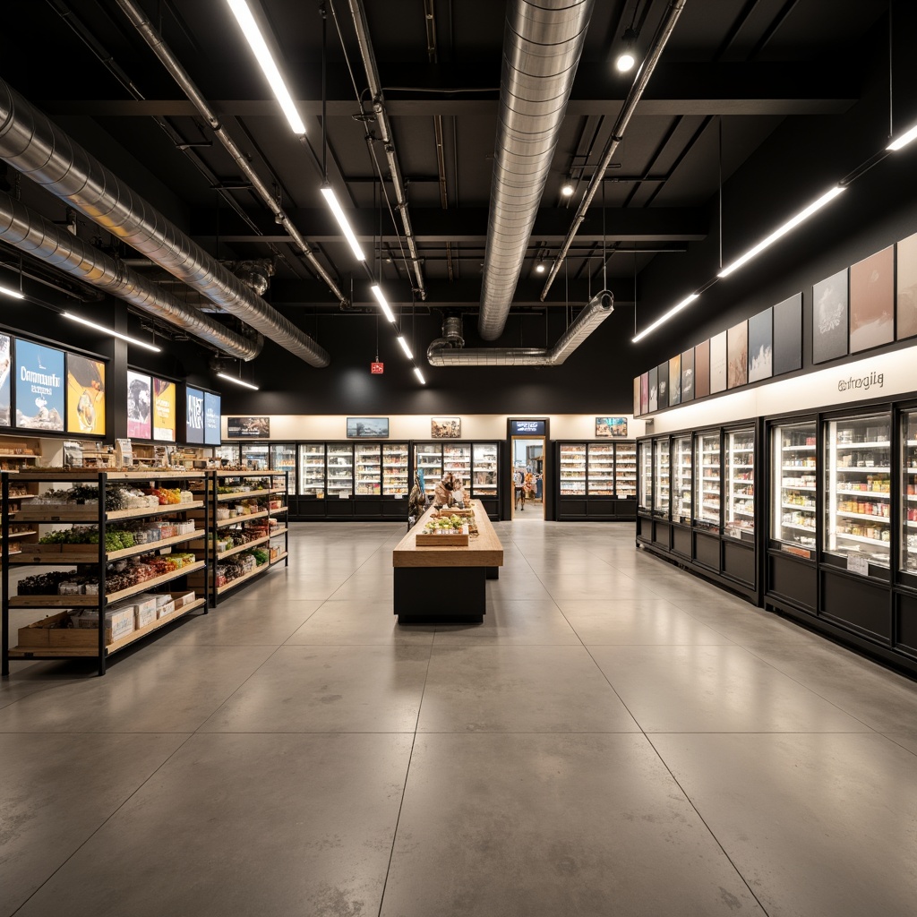 Prompt: Simple grocery store interior, minimalistic shelving, industrial-style lighting fixtures, exposed ductwork, polished concrete floors, sleek metal racks, modern refrigeration units, subtle branding elements, soft warm lighting, low ceilings, shallow depth of field, 1/1 composition, realistic textures, ambient occlusion, suspended linear lights, track lighting systems, recessed ceiling lights, frosted glass diffusers, matte black finishes, subtle color accents.