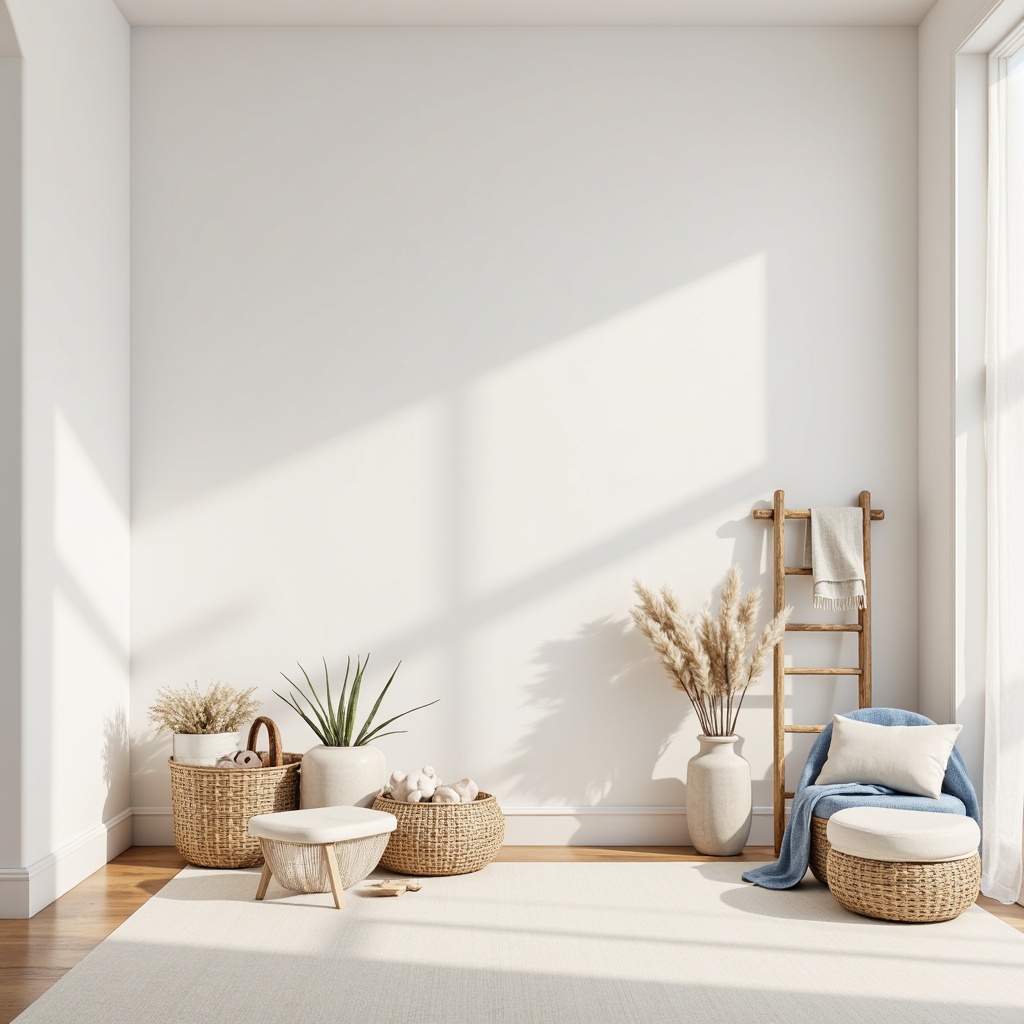 Prompt: Soft white walls, minimalist decor, clean lines, simple shapes, calming atmosphere, gentle lighting, warm beige tones, creamy whites, pale blues, soft pinks, natural wood accents, woven baskets, cotton fabrics, subtle textures, neutral colors, serene ambiance, airy spaces, 1/1 composition, soft focus, shallow depth of field.