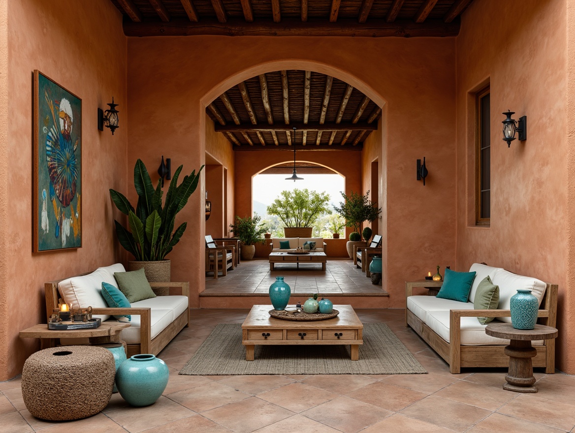 Prompt: Earthy Southwestern interior, warm terracotta walls, rustic wooden accents, turquoise decorative pottery, vibrant Native American patterns, sandy beige flooring, soft sage greenery, natural linen upholstery, woven wool textiles, distressed leather furniture, aged metal hardware, warm candlelight, shallow depth of field, 1/2 composition, cozy ambient atmosphere.