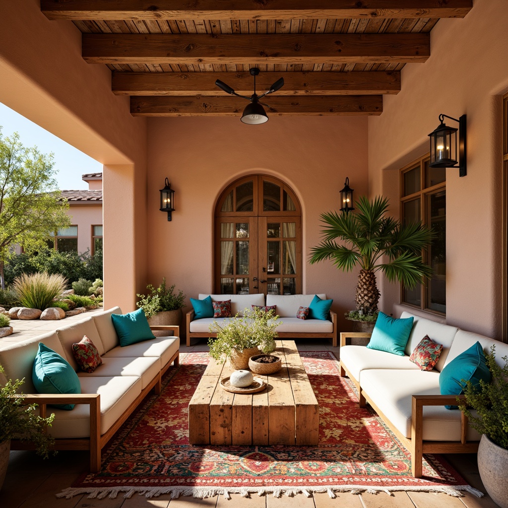 Prompt: Southwestern-style community clubhouse, warm earthy tones, rustic wooden accents, comfortable plush sofas, vibrant turquoise pillows, woven wicker chairs, natural rattan coffee tables, colorful Aztec-inspired rugs, reclaimed wood wall decorations, vintage metal lanterns, lush greenery, cacti plants, sunny day, soft warm lighting, shallow depth of field, 3/4 composition, panoramic view, realistic textures, ambient occlusion.