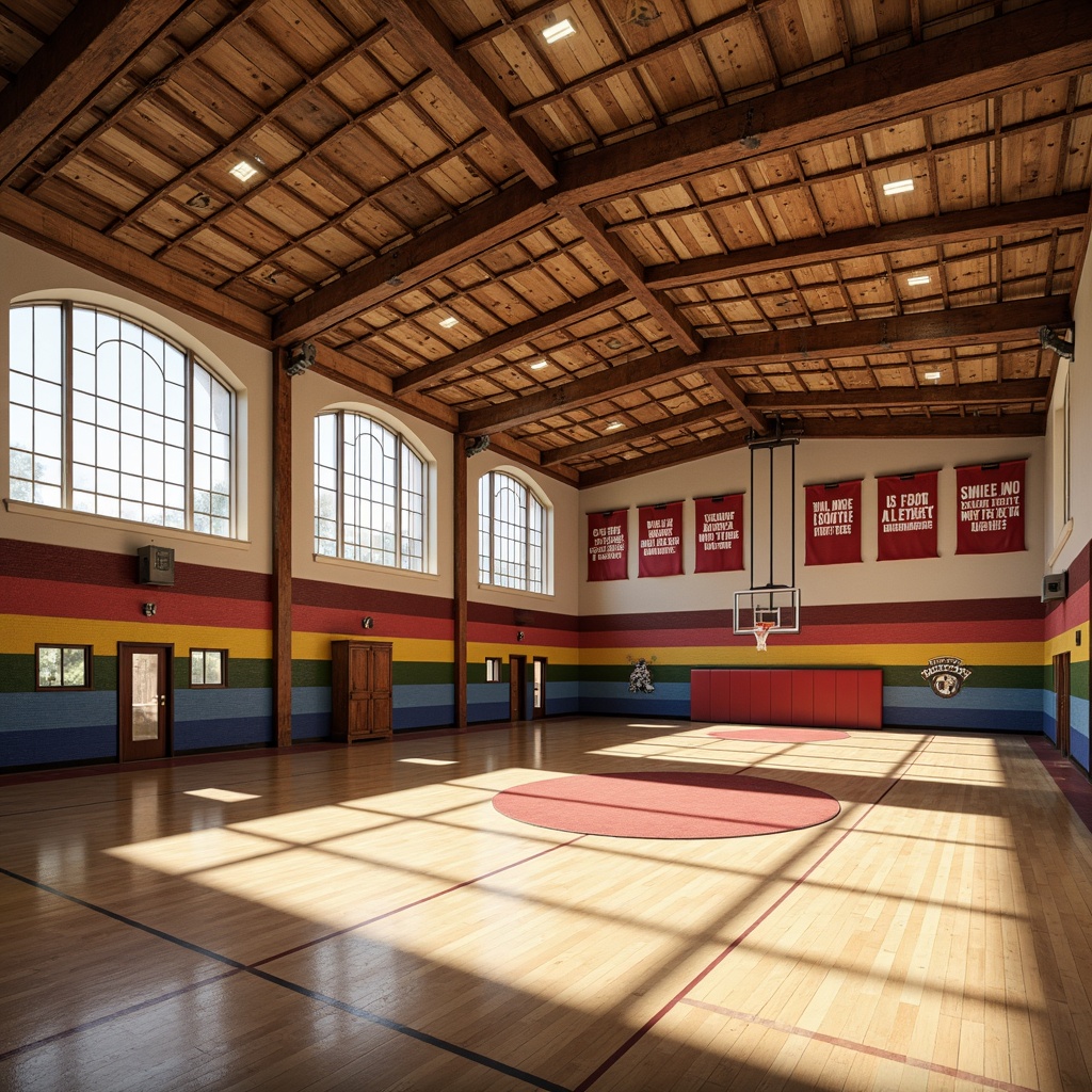 Prompt: Rustic gymnasium, earthy tone, natural wood accents, exposed brick walls, industrial metal beams, warm beige flooring, bold athletic stripes, vibrant team colors, motivational quotes, large windows, abundant natural light, high ceilings, dynamic shadows, 1/1 composition, realistic textures, ambient occlusion.Please let me know if this meets your requirements!