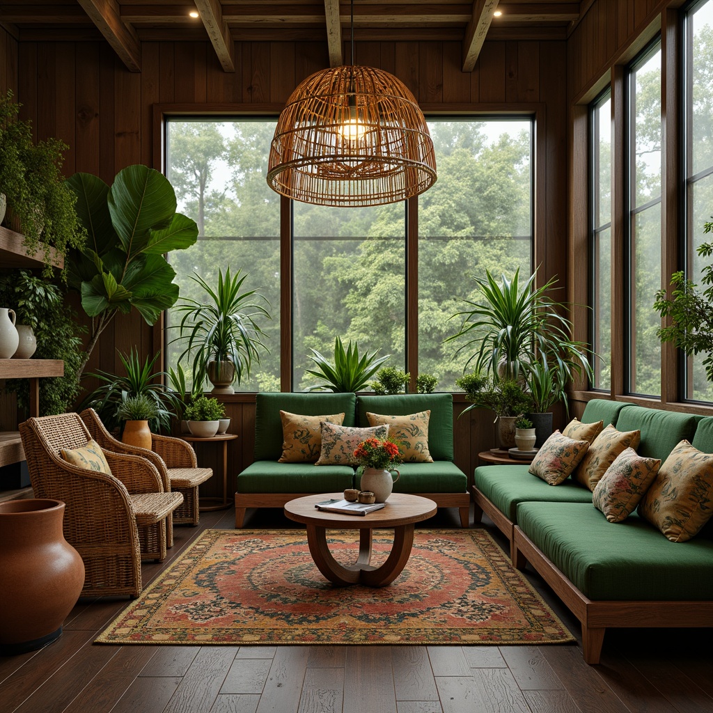 Prompt: Wildlife-themed furniture, jungle-inspired upholstery, vibrant green accents, exotic wood tones, natural textiles, woven rattan chairs, reclaimed wooden tables, earthy terracotta vases, leaf-patterned rugs, animal-print throw pillows, safari-style sofas, adventurous lighting fixtures, eclectic decor, tropical plants, misty atmosphere, warm golden lighting, soft focus, 1/1 composition, realistic fur textures, ambient occlusion.