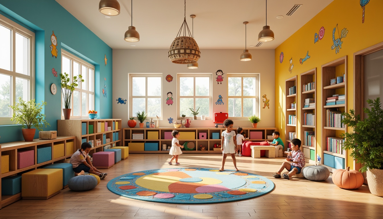 Prompt: Vibrant kindergarten interior, playful color scheme, bright primary colors, soft pastel hues, whimsical patterns, educational wall decals, interactive play areas, cozy reading nooks, wooden furniture, rounded edges, colorful rugs, lively lighting fixtures, fun textile designs, child-friendly materials, safety features, stimulating ambiance, 1/2 composition, warm natural light, shallow depth of field, realistic textures.