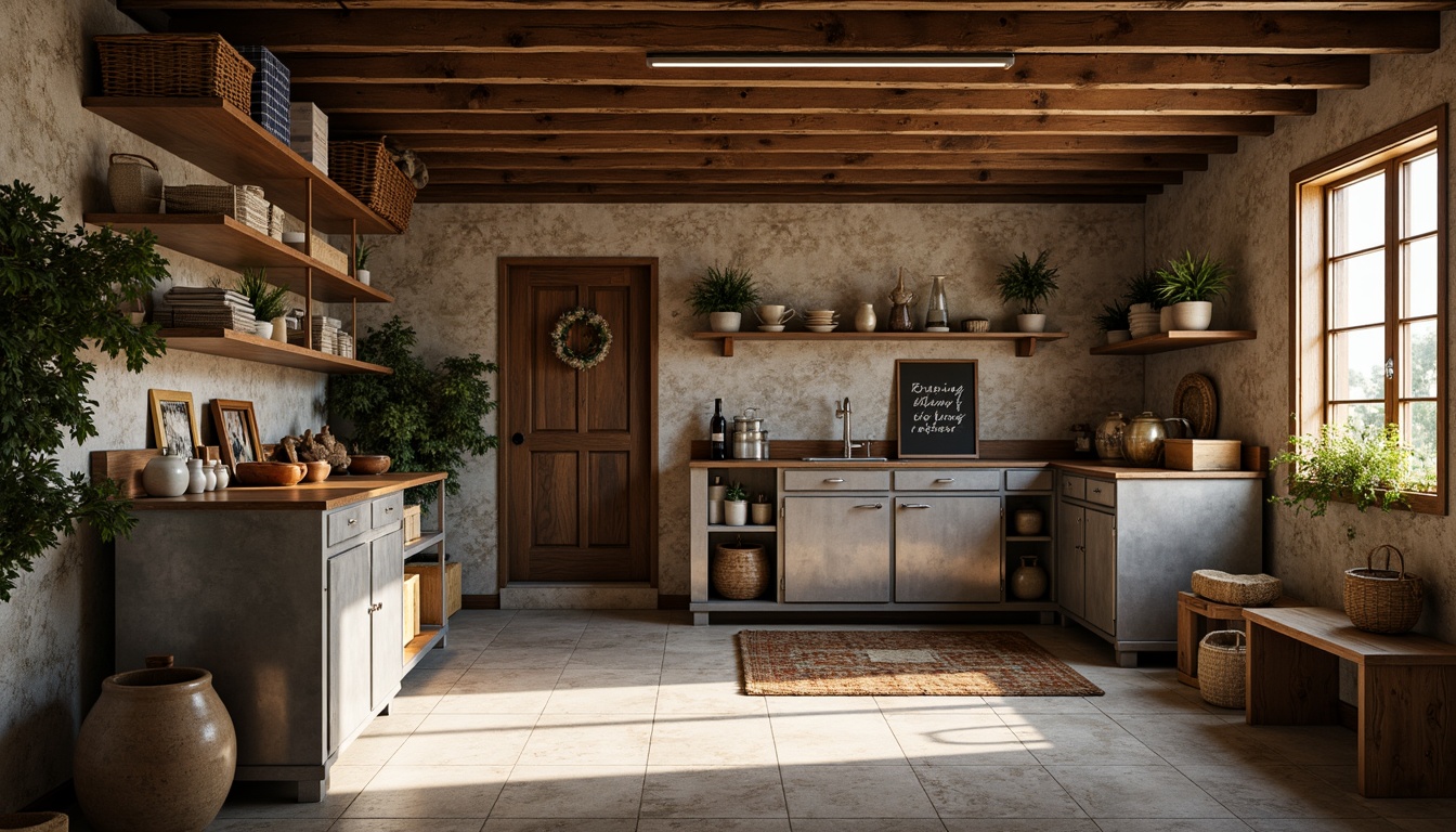 Prompt: Rustic family garage, wooden accents, earthy tones, metal storage units, vintage decor, distressed finishes, natural stone flooring, exposed beams, wooden crates, woven baskets, industrial-style lighting, warm cozy atmosphere, soft warm lighting, shallow depth of field, 1/2 composition, realistic textures, ambient occlusion.