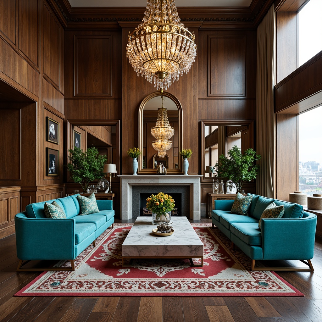 Prompt: Luxurious velvet sofas, ornate metal frames, rich wood paneling, bold geometric patterns, metallic accents, lavish crystal chandeliers, plush area rugs, vibrant turquoise hues, golden lighting fixtures, elegant curved lines, sophisticated marble coffee tables, intricate inlays, exotic hardwood floors, opulent drapery, majestic floor-to-ceiling windows, dramatic high ceilings, sumptuous fabrics, ornamental mirrors, stylish chrome hardware, luxurious textiles.