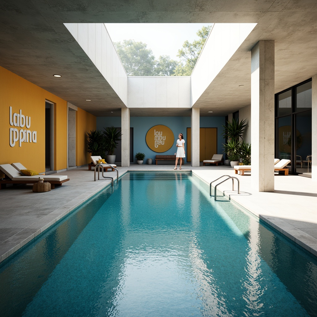 Prompt: Clean lines, minimal ornamentation, functional geometry, rectangular shapes, primary colors, bold typography, sleek ladders, modern pool equipment, stainless steel handrails, concrete floors, industrial chic ambiance, abundant natural light, sunny day, shallow water effects, 1/1 composition, symmetrical framing, high-contrast lighting, sharp shadows, futuristic aesthetic.