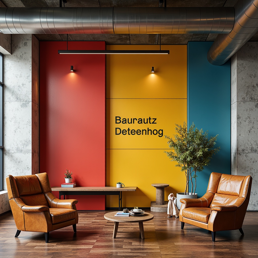 Prompt: Vibrant Bauhaus interior, primary colors, bold typography, rectangular shapes, industrial materials, raw concrete walls, polished steel accents, geometric patterns, minimalist decor, functional furniture, tubular chairs, leather upholstery, rich wood tones, earthy brown floors, natural light, soft shadows, 1/1 composition, realistic textures, ambient occlusion.