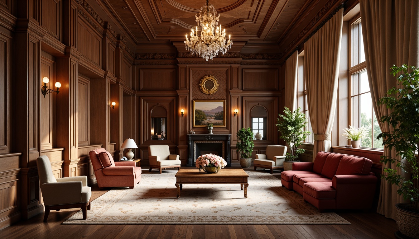 Prompt: Elegant student lounge, rich wood tones, ornate furnishings, velvet sofas, antique armchairs, wooden coffee tables, intricate carvings, crystal chandeliers, soft warm lighting, neutral color palette, high ceilings, large windows, heavy drapery, traditional architecture, symmetrical composition, 1/1 aspect ratio, shallow depth of field, realistic textures.