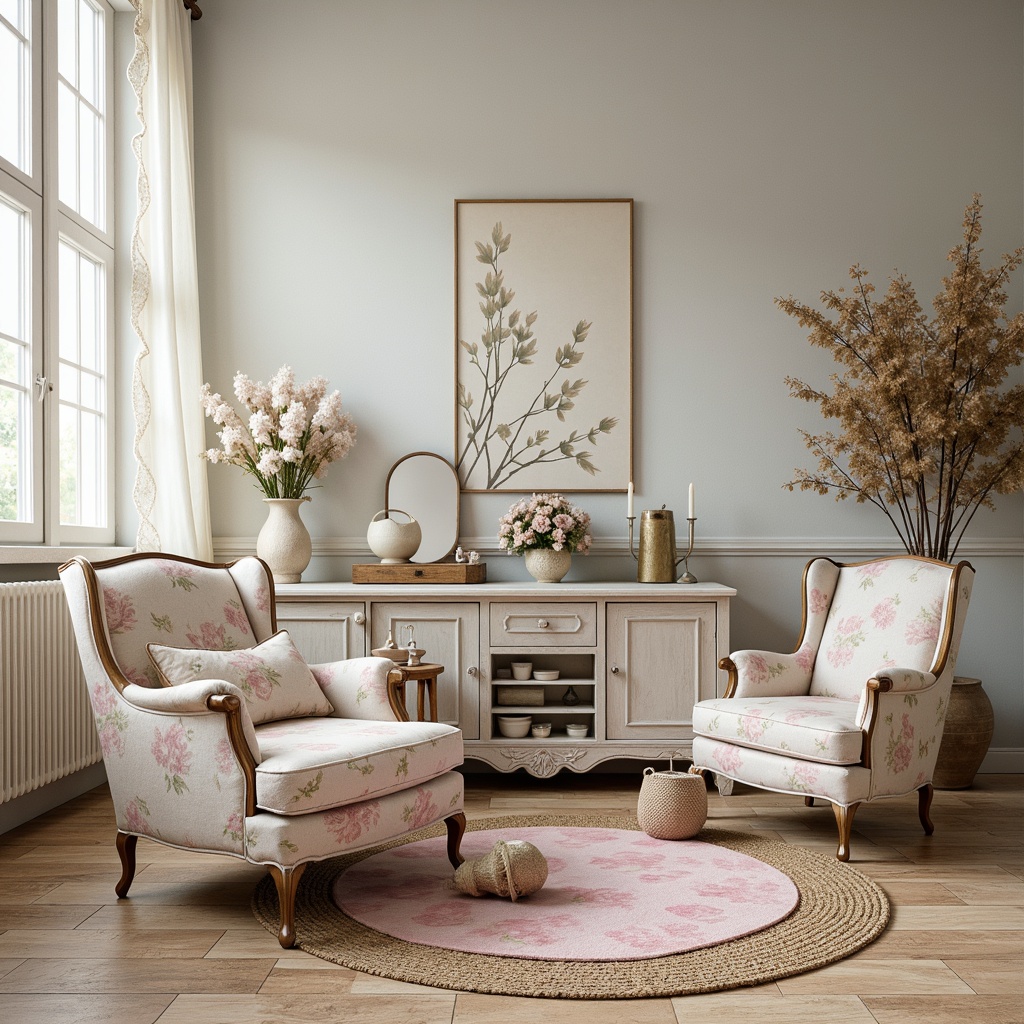 Prompt: Soft feminine color palette, pastel hues, pale pink, baby blue, creamy white, warm beige, distressed finishes, vintage textures, floral patterns, lace details, ruffled fabrics, ornate furniture, antique accessories, rustic wooden accents, natural fiber rugs, faded elegance, whimsical charm, romantic ambiance, softbox lighting, 1/1 composition, intimate atmosphere.