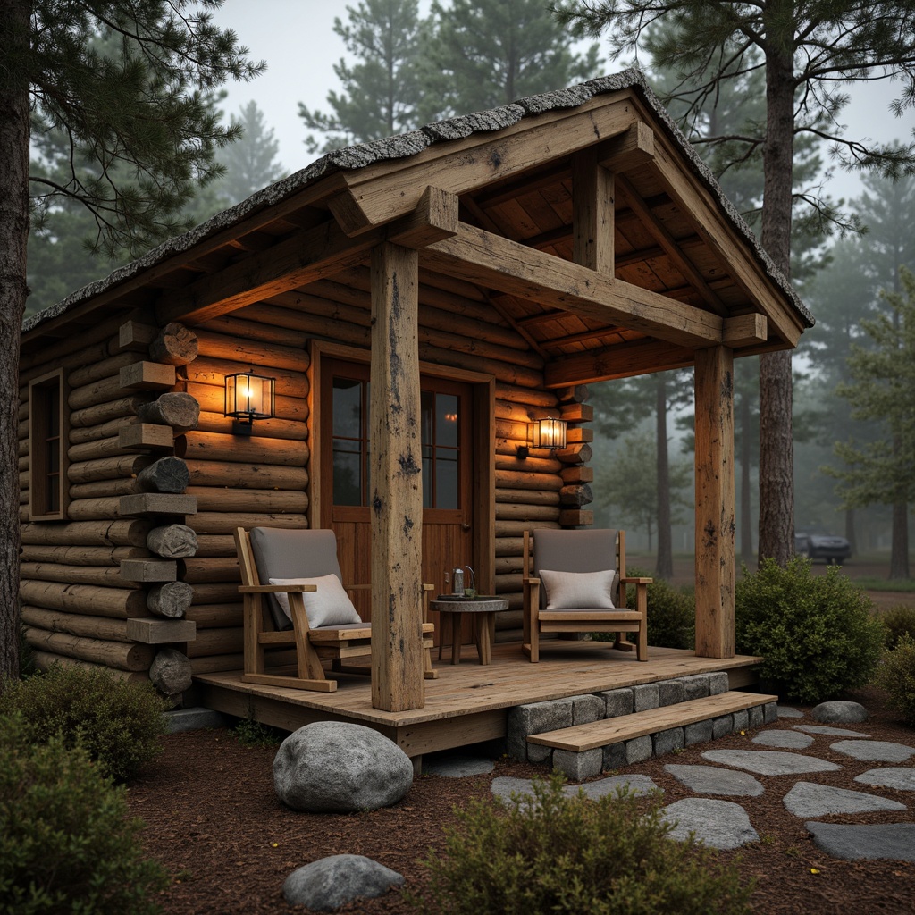 Prompt: Rustic wooden cabin, earthy tones, warm beige, weathered wood accents, natural stone walls, vintage metal decorations, distressed finishes, soft candlelight, cozy atmosphere, forest surroundings, misty morning, shallow depth of field, 1/1 composition, warm color grading, realistic textures, ambient occlusion.