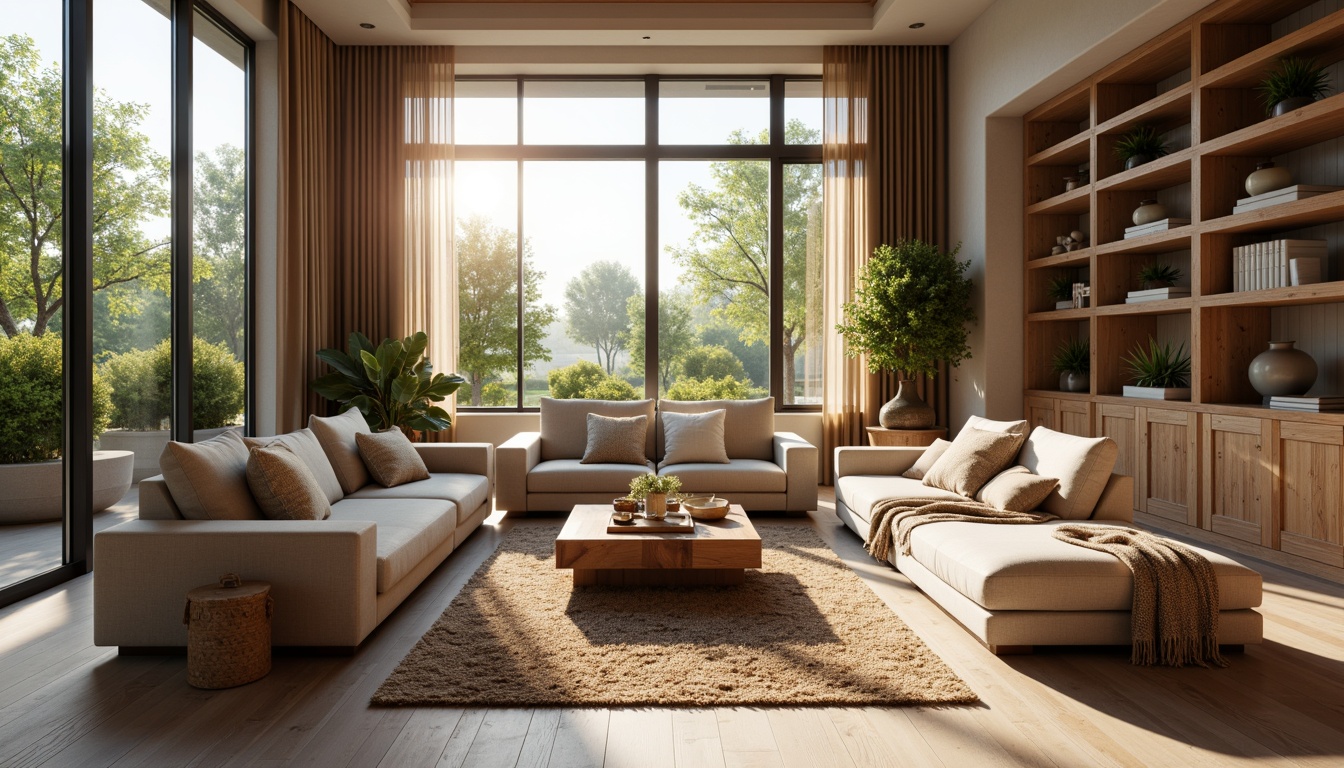 Prompt: Cozy living room, plush sofas, soft cushions, warm throw blankets, tactile woven fabrics, natural fiber rugs, earthy tone colors, wooden accent walls, modern minimalist furniture, floor-to-ceiling windows, abundant natural light, gentle afternoon sunbeams, shallow depth of field, 1/1 composition, realistic textures, ambient occlusion.