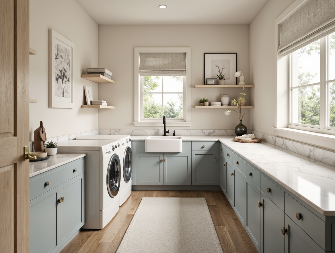 Prompt: Soft, calming laundry room, minimalist decor, white marble countertops, stainless steel appliances, pale blue cabinets, creamy porcelain sinks, natural wood floors, warm beige walls, soft gray textiles, gentle linen fabrics, subtle texture contrast, ambient warm lighting, shallow depth of field, 1/1 composition, realistic renderings, delicate fabric folds.Let me know if you need any adjustments or have another input!