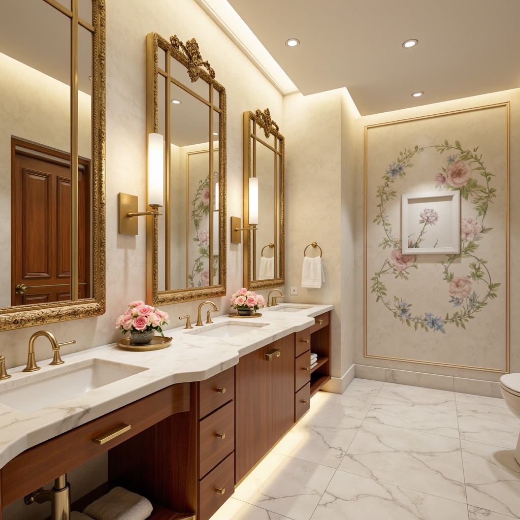 Prompt: Elegant powder room, soft warm lighting, luxurious marble countertops, ornate mirrors, delicate flower patterns, creamy white walls, rich wood cabinetry, golden hardware, subtle shimmering effects, ambient occlusion, realistic textures, 3/4 composition, panoramic view, calm atmosphere, soothing color scheme, pastel hues, gentle contrasts, warm beige tones, soft peach accents, calming blue undertones.