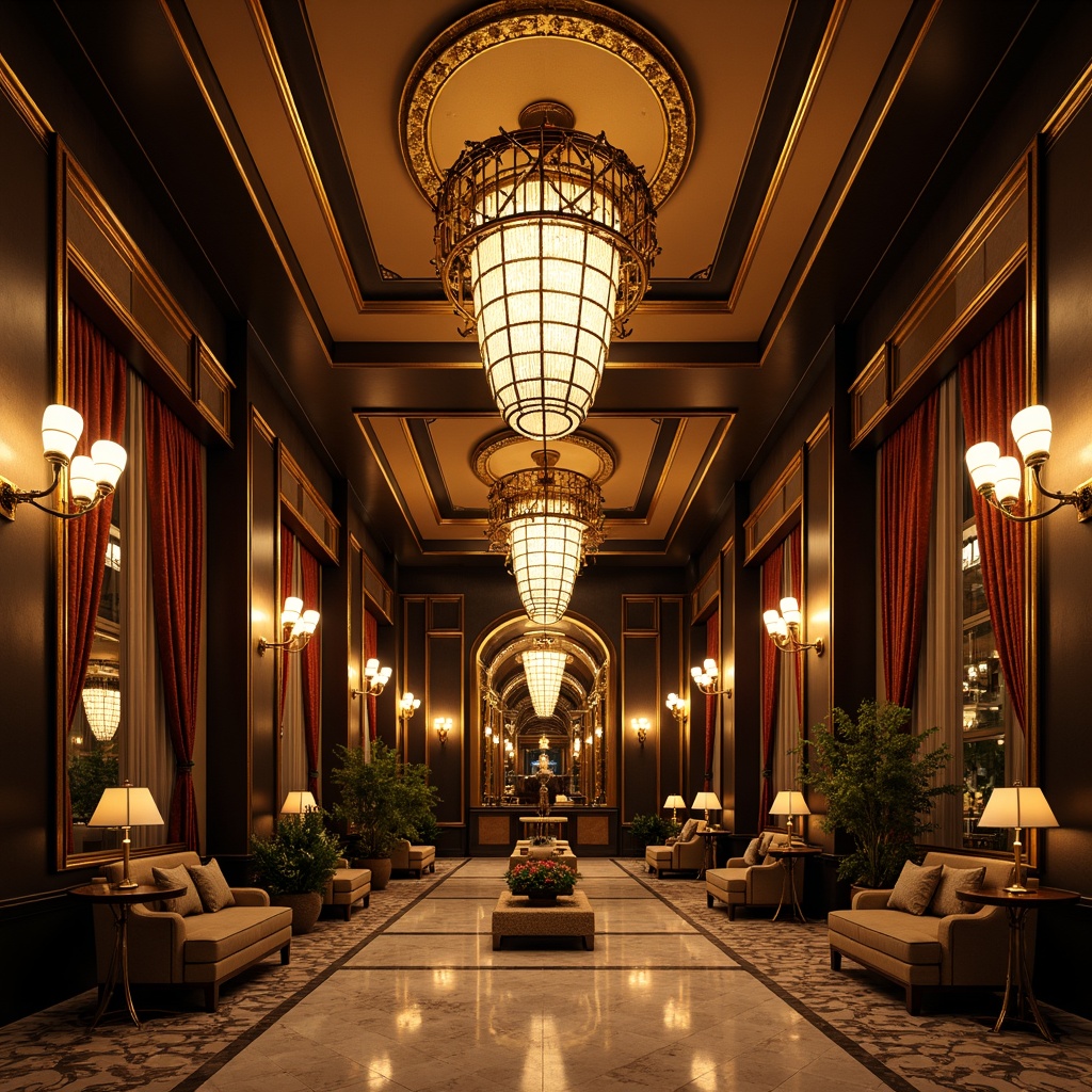 Prompt: Opulent Art Deco interior, lavish chandeliers, geometric metalwork, ornate sconces, crystal drops, metallic accents, luxurious fabrics, velvet drapes, polished marble floors, ornamental mirrors, gilded frames, symmetrical compositions, low-key lighting, warm golden tones, subtle shading, 1/1 composition, realistic reflections, detailed textures.