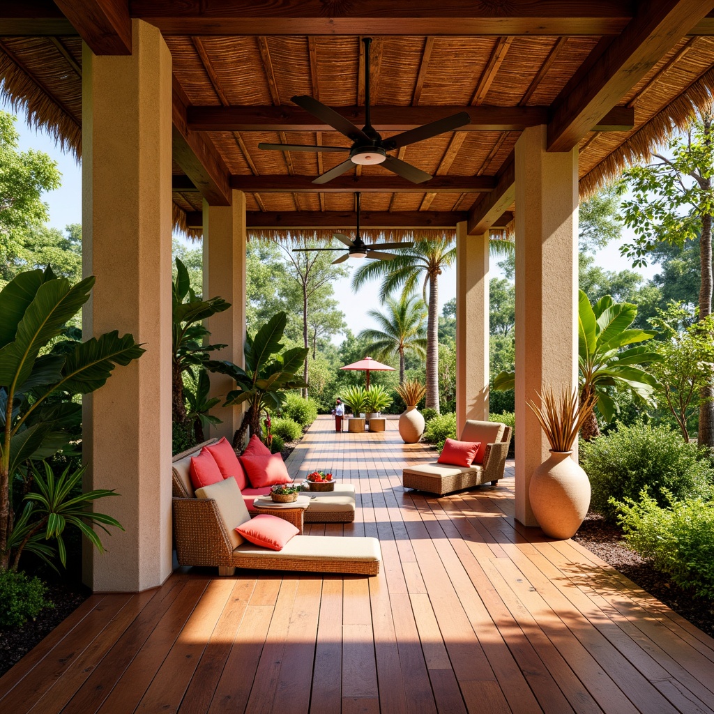 Prompt: Vibrant tropical interior, exotic hardwood flooring, rich walnut wood tones, warm beige stone accents, lush greenery, natural textures, woven wicker furniture, rattan decorations, colorful tiki torches, bamboo ceiling fans, palm tree silhouettes, bright coral pink hues, sunny afternoon light, shallow depth of field, 1/1 composition, realistic reflections, ambient occlusion.