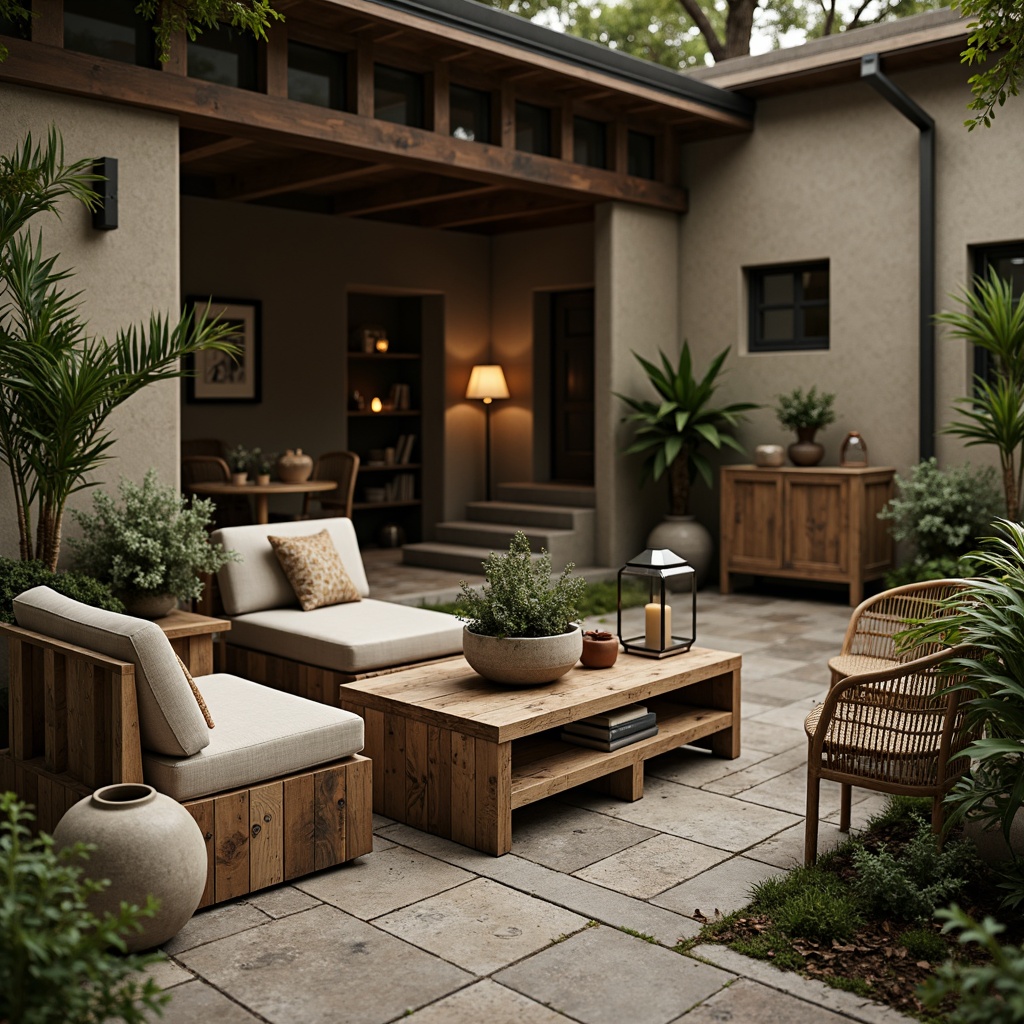 Prompt: Rustic wooden benches, reclaimed wood coffee tables, natural stone planters, vintage metal lanterns, distressed finish cabinets, earthy tone ceramics, woven wicker chairs, potted lush greenery, moss-covered stones, soft warm lighting, shallow depth of field, 1/1 composition, intimate atmosphere, organic textures, subtle color palette.