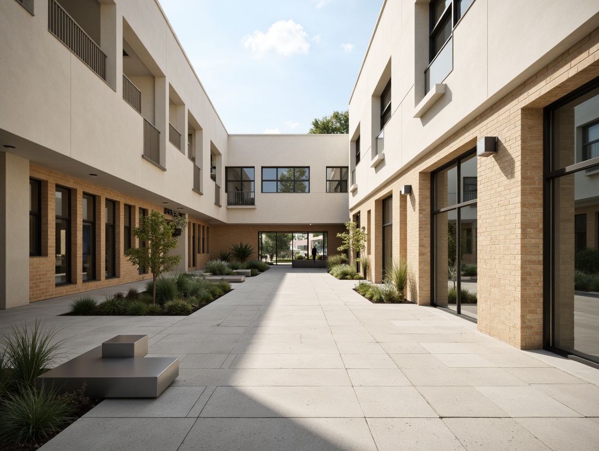 Prompt: Calming high school courtyard, neutral beige walls, soft white accents, natural wood tones, subtle gray concrete floors, minimalist steel benches, simple greenery, modern educational signage, clean glass windows, industrial-style lighting fixtures, soft box shadows, shallow depth of field, 1/1 composition, realistic textures, ambient occlusion.