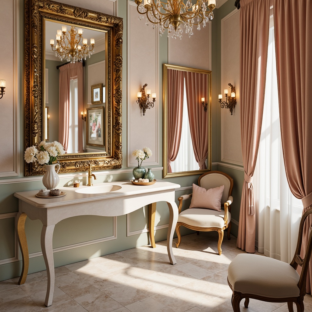 Prompt: Luxurious powder room, ornate mirrors, gilded frames, delicate carvings, velvet drapes, intricate patterns, soft pastel hues, feminine accents, French-inspired furniture, curved legs, cabriole legs, marble tops, porcelain vases, crystal chandeliers, warm golden lighting, shallow depth of field, 1/1 composition, realistic textures, ambient occlusion.