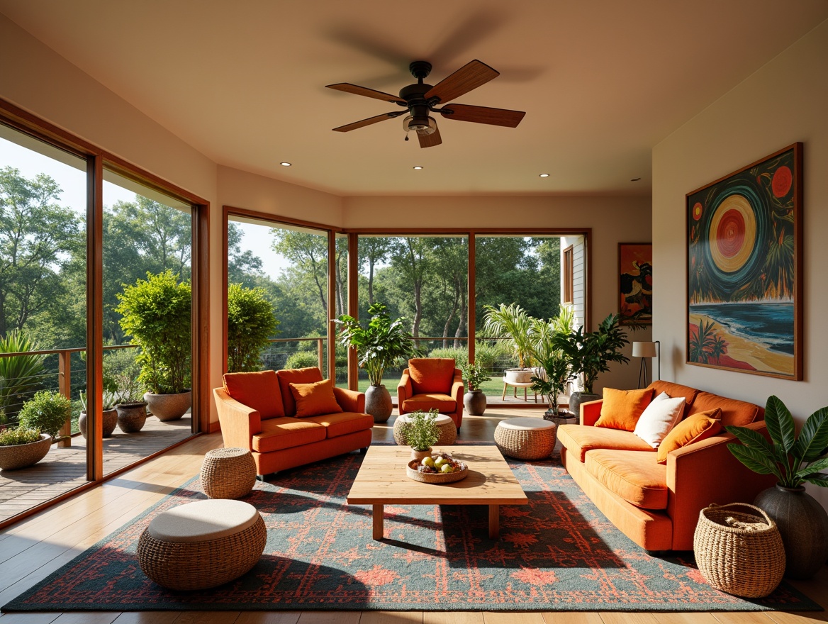 Prompt: Vibrant sunroom, expressionist style, curved lines, bold colors, eclectic mix, plush velvet sofas, reclaimed wood coffee tables, geometric patterned rugs, wicker armchairs, natural fiber textiles, tropical plants, floor-to-ceiling windows, sliding glass doors, soft diffused lighting, warm beige walls, rustic wooden accents, abstract artwork, statement decorative pieces, lush greenery views, sunny afternoon, gentle breeze, relaxed atmosphere, 1/2 composition, wide-angle lens, realistic rendering.