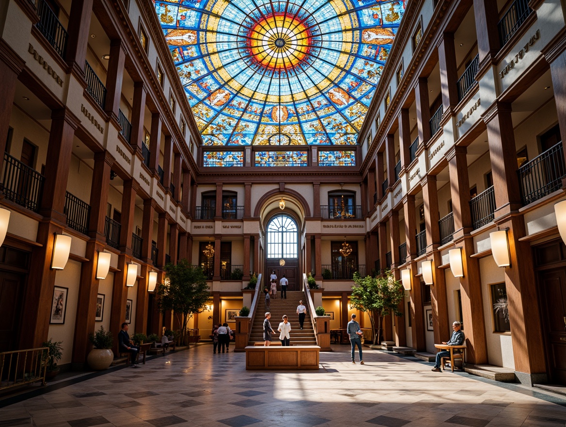 Prompt: Vibrant courthouse interior, stunning stained glass ceiling, kaleidoscope of colors, intricate geometric patterns, ornate metal frames, majestic columns, grand staircase, polished marble floors, elegant wooden accents, natural light filtering, warm ambiance, soft shadows, 1/2 composition, high-angle shot, dramatic lighting, detailed textures, ambient occlusion.