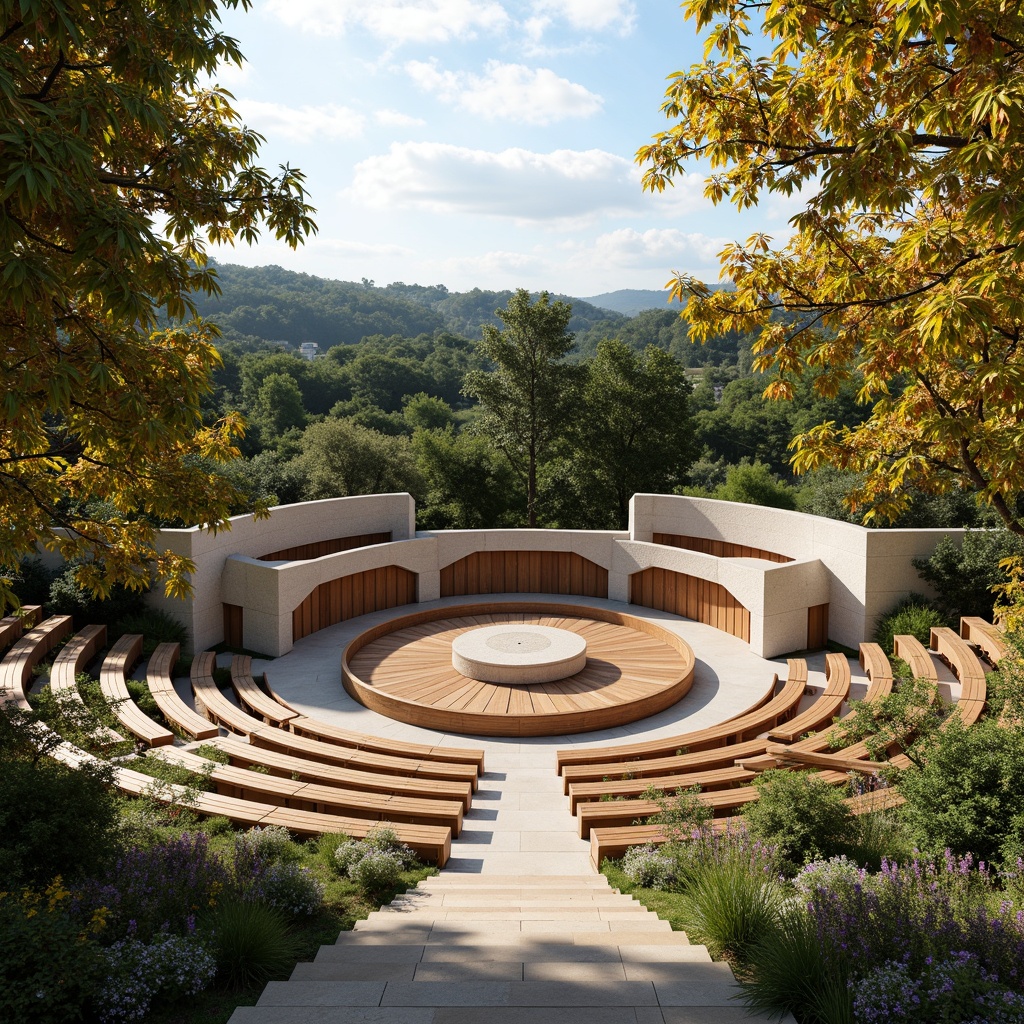 Prompt: Mid-century modern amphitheater, curved lines, wooden benches, natural stone walls, lush greenery, vibrant flowers, warm sunny day, soft gentle lighting, shallow depth of field, 3/4 composition, panoramic view, realistic textures, ambient occlusion, optimized sound reflections, acoustic panels, state-of-the-art audio equipment, minimalist design, functional architecture, open-air performance space, scenic views, serene atmosphere.