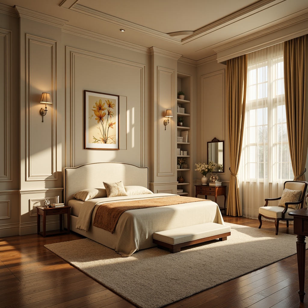 Prompt: Cozy bedroom, plush carpet, soft golden lighting, minimalist furniture, elegant bedframe, luxurious bedding, velvety drapes, serene ambiance, natural wood accents, gentle color palette, relaxing atmosphere, warm beige walls, creamy white trim, ornate mirrors, delicate vases, fresh flowers, calm watercolor artwork, shallow depth of field, 1/1 composition, soft focus, warm glow, inviting textures.