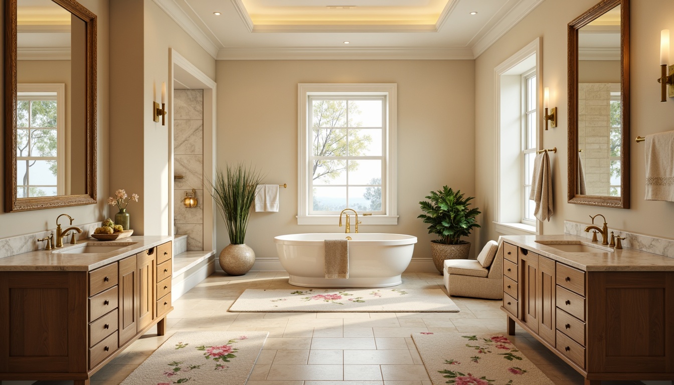 Prompt: Elegant freestanding tubs, marble countertops, soft warm lighting, large mirrors, ornate gold fixtures, cream-colored walls, wooden cabinets, polished chrome hardware, floral patterned rugs, botanical prints, spa-inspired ambiance, natural stone flooring, subtle texture contrasts, 1/1 composition, shallow depth of field, warm beige tones, luxurious fabrics, subtle sheen finishes.