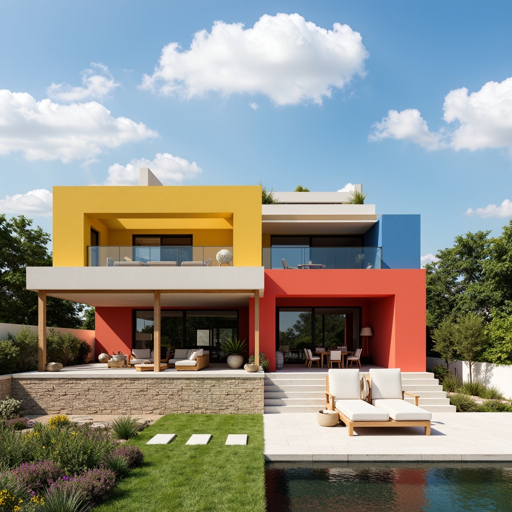 Prompt: Monochromatic villa, Bauhaus architecture, clean lines, minimal ornamentation, rectangular forms, industrial materials, raw concrete, steel beams, wooden accents, bold color blocking, primary color scheme, bright yellow, deep blue, fiery red, neutral beige, natural stone walls, minimalist landscaping, sparse greenery, modern outdoor furniture, cantilevered roofs, clerestory windows, dramatic shadows, high contrast lighting, 1/1 composition, graphic textures, ambient occlusion.