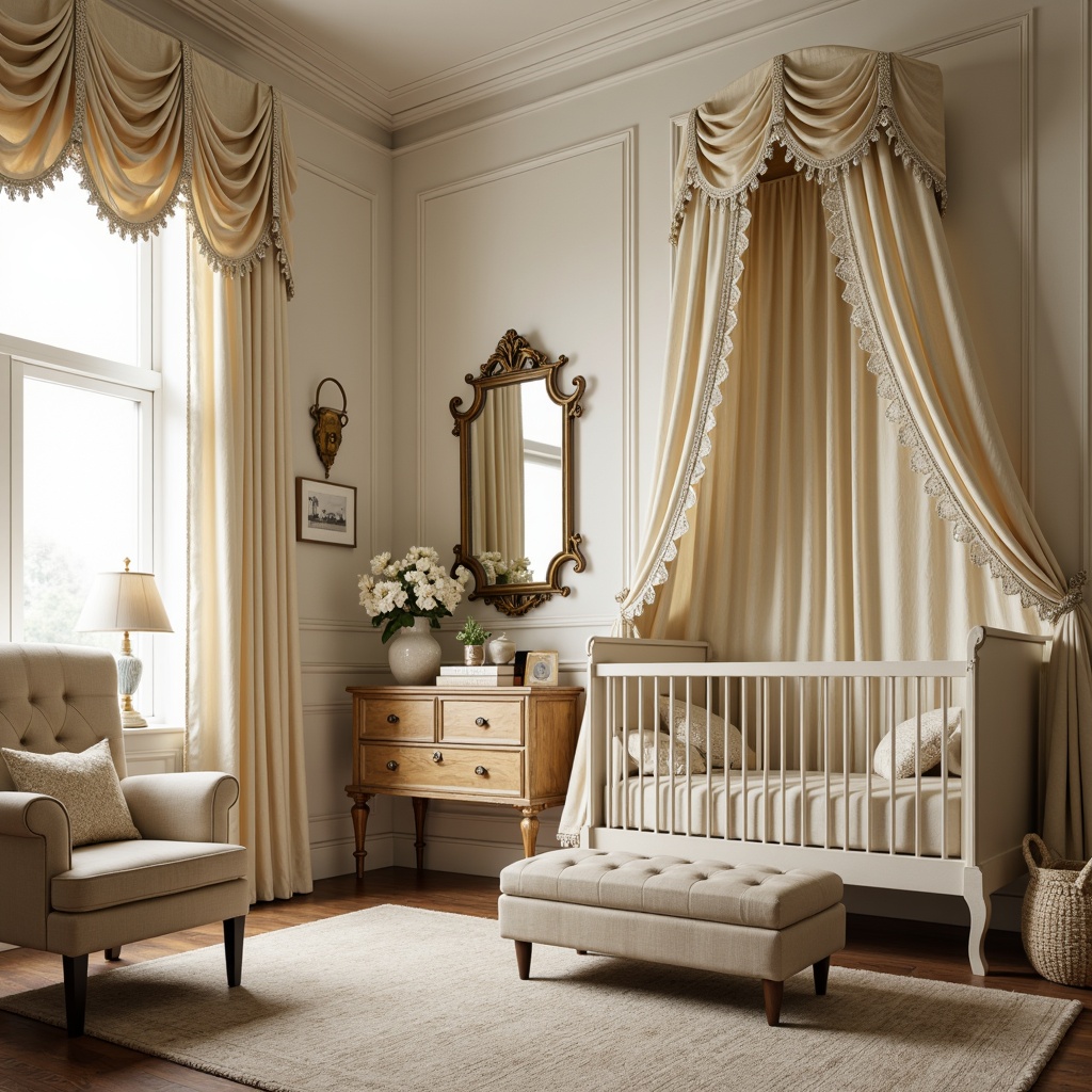 Prompt: Soft cream fabrics, gentle lace trimmings, ornate velvet drapes, elegant silk wallcoverings, refined wood furniture, antique bronze hardware, classic pediment designs, subtle florals patterns, muted pastel color palette, warm golden lighting, shallow depth of field, 1/1 composition, intimate close-up shots, realistic textures, ambient occlusion, stately crib, plush area rug, tufted ottoman, ornate mirror frames, delicate porcelain vases.