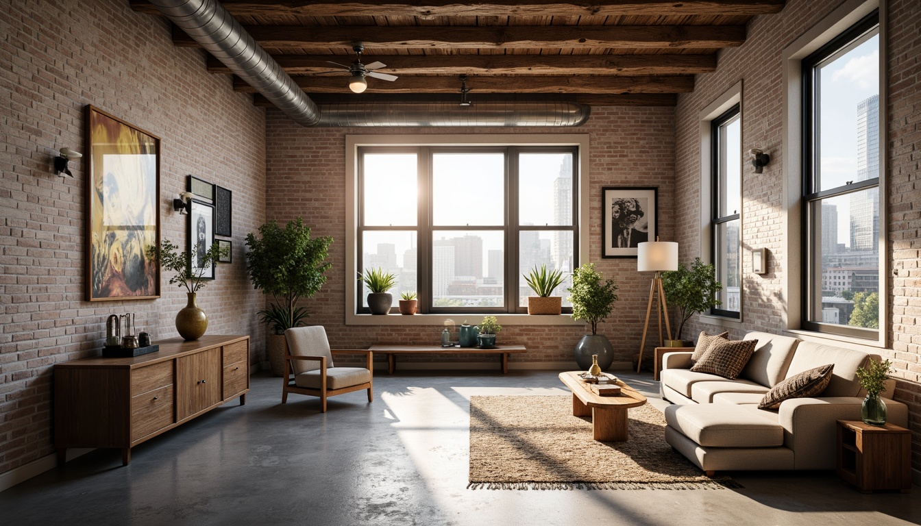 Prompt: Industrial-chic loft, exposed brick walls, wooden beam ceilings, metal accents, minimalist decor, neutral color scheme, creamy whites, warm beiges, rich grays, deep blues, vintage furniture pieces, eclectic artwork, urban cityscape views, natural light pouring in, soft warm glow, atmospheric shadows, shallow depth of field, 1/2 composition, realistic textures, ambient occlusion.