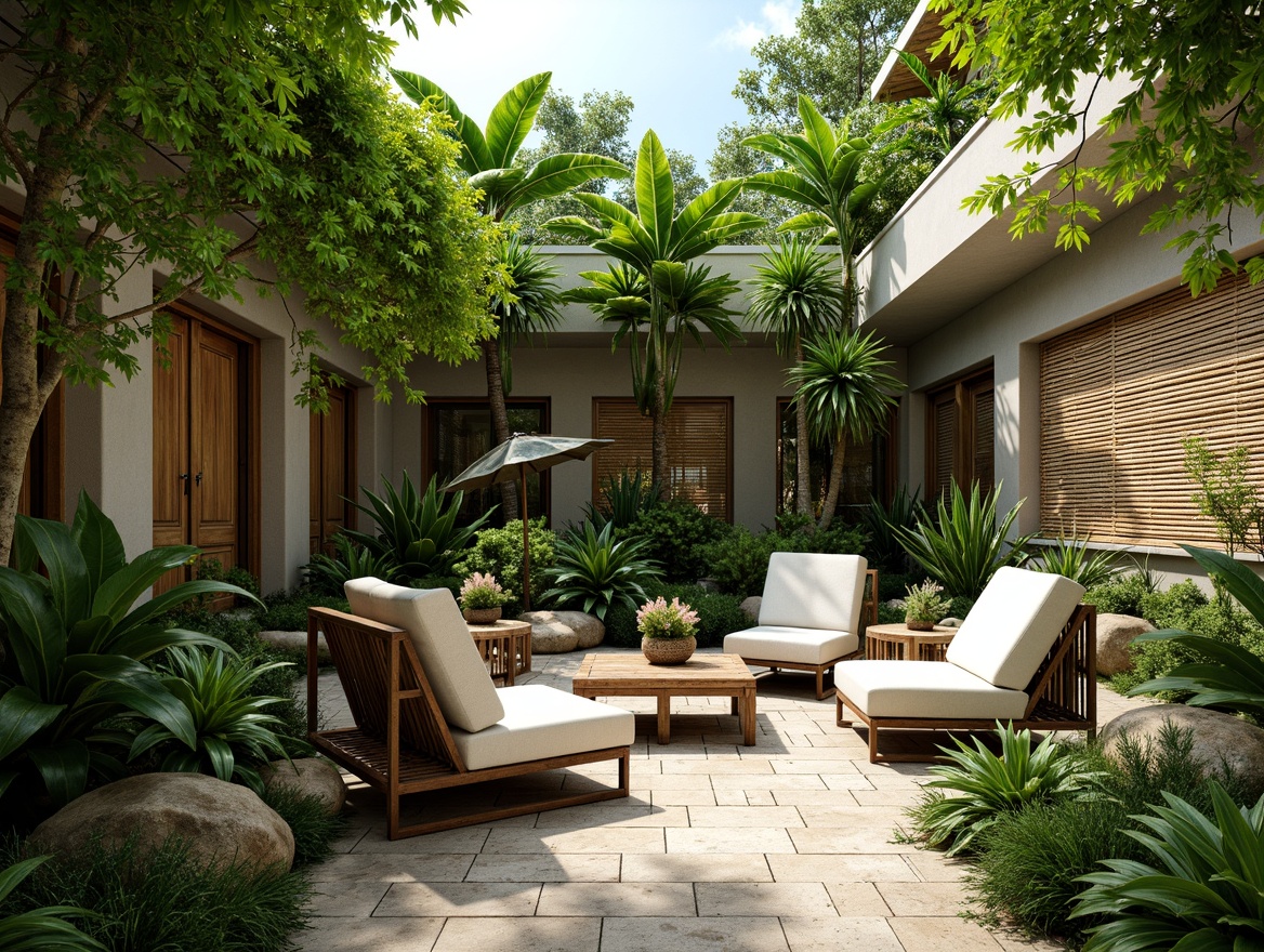 Prompt: Vibrant tropical garden, lush greenery, exotic plants, natural stone walls, reclaimed wood accents, bamboo textures, rattan furniture, earthy color palette, organic shapes, curved lines, eco-friendly materials, recycled metal decor, solar-powered lighting, energy-efficient systems, water conservation features, green roofs, living walls, misting systems, shaded outdoor spaces, warm soft lighting, 1/1 composition, realistic textures, ambient occlusion.