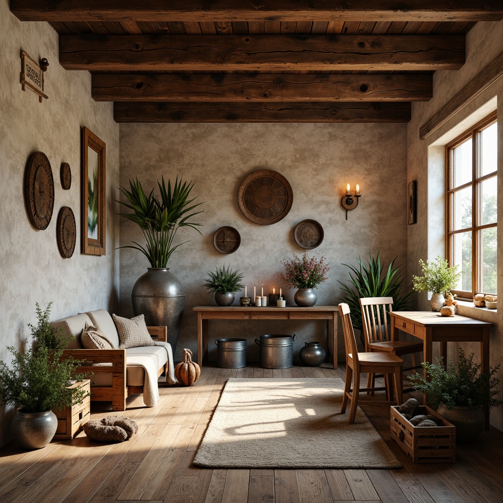 Prompt: Rustic farmhouse, vintage metal decorations, distressed wood accents, natural stone walls, earthy color palette, warm candle lighting, woven textiles, natural fabrics, antique furniture pieces, reclaimed wood beams, wooden crates, galvanized metal containers, potted greenery, wildflower arrangements, soft morning light, 1/1 composition, realistic textures, ambient occlusion.