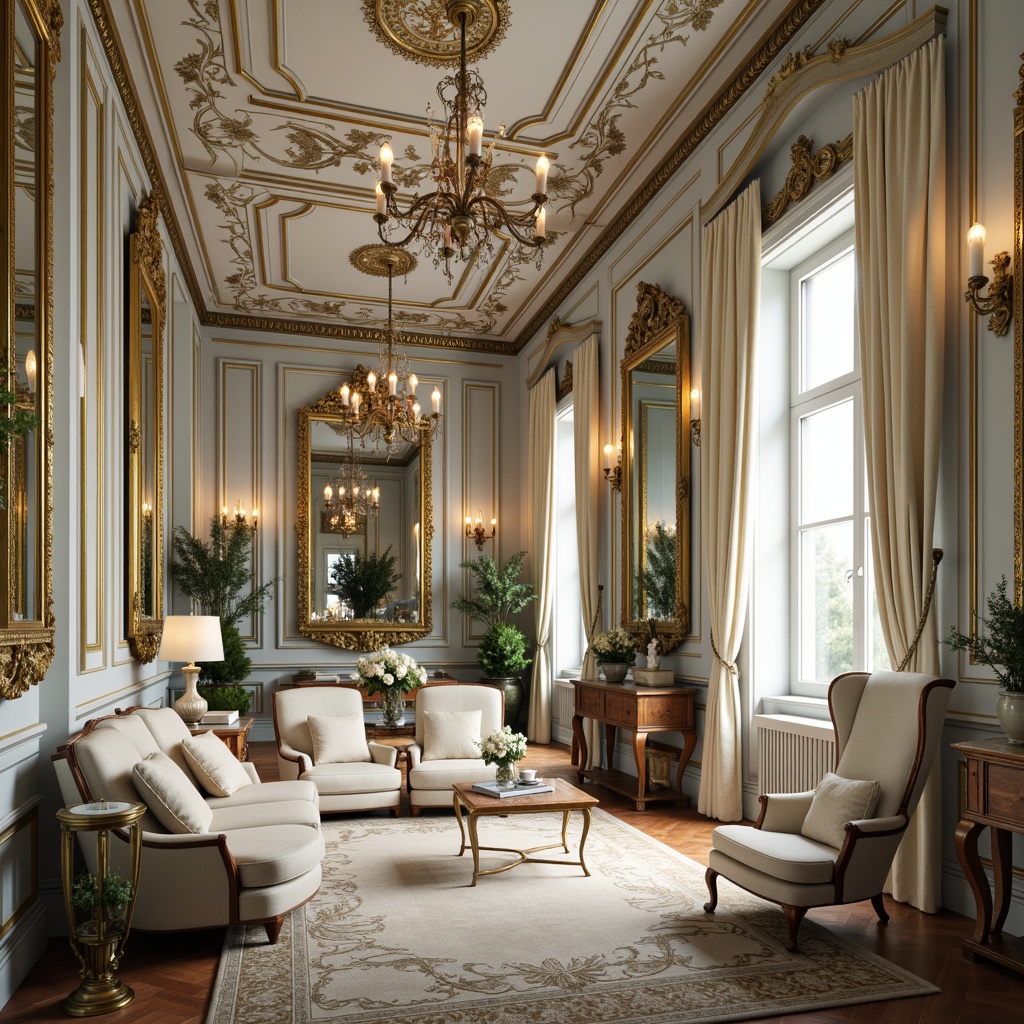 Prompt: Luxurious Rococo interior, soft golden accents, creamy whites, pale blues, muted greens, rich wood tones, ornate mirrors, intricate carvings, delicate florals, lavish furnishings, opulent textiles, dramatic chandeliers, warm candlelight, shallow depth of field, 1/1 composition, realistic reflections, ambient occlusion.