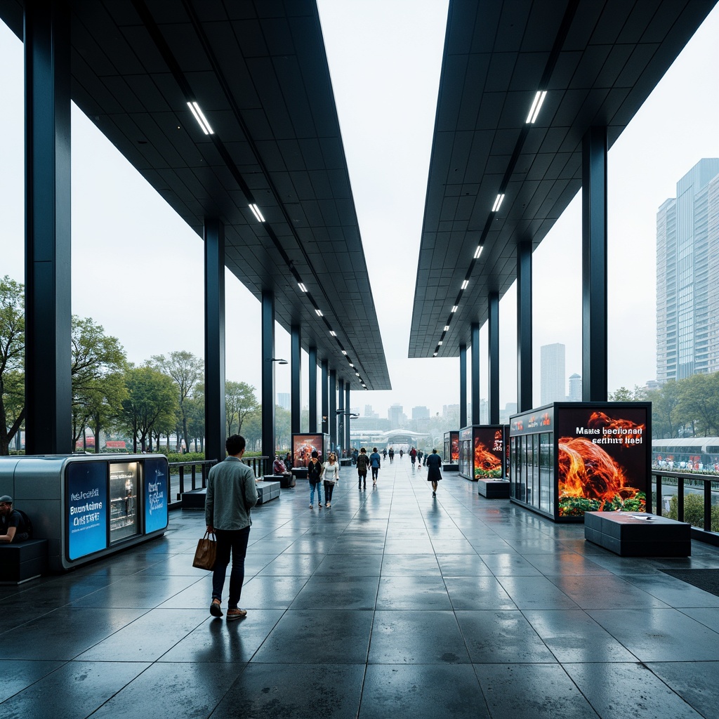 Prompt: Futuristic bus station, sleek metal columns, cantilevered roofs, holographic advertisements, LED lighting strips, translucent glass floors, iridescent tiles, polished chrome accents, minimalist benches, interactive information kiosks, automated ticketing systems, dynamic digital signage, motion-sensitive escalators, spacious waiting areas, panoramic city views, urban landscape, morning mist, soft diffused lighting, shallow depth of field, 3/4 composition.