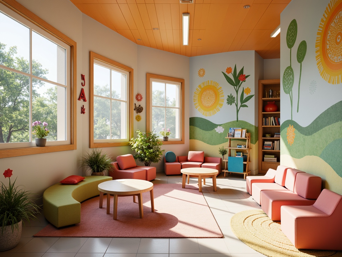 Prompt: Vibrant kindergarten, colorful murals, textured walls, rounded corners, soft pastel hues, whimsical patterns, educational graphics, interactive displays, play-based learning areas, cozy reading nooks, natural wood accents, circular tables, tiny chairs, playful lighting fixtures, warm ambient glow, shallow depth of field, 1/1 composition, realistic textures, subtle occlusion.