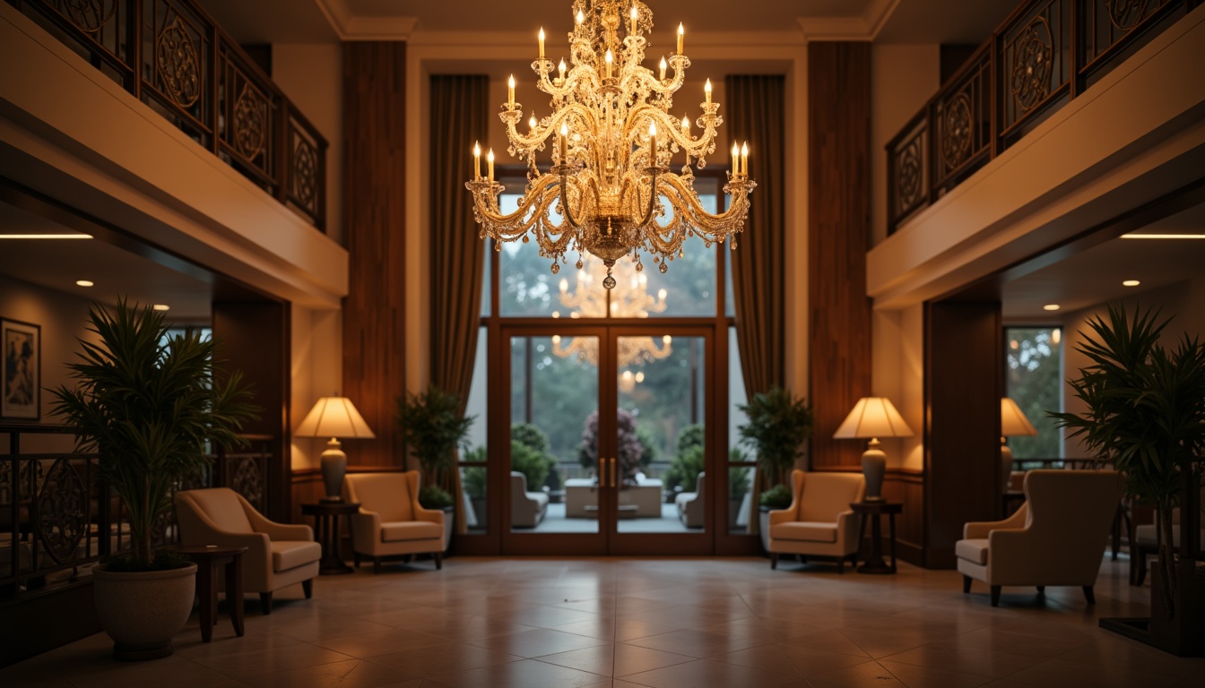 Prompt: Elegant chandelier, crystal droplets, warm soft glow, luxurious ambiance, grand foyer, high ceiling, marble flooring, ornate metalwork, subtle shading, ambient illumination, 1/2 composition, shallow depth of field, warm color temperature, cozy atmosphere, intimate setting, relaxing mood.