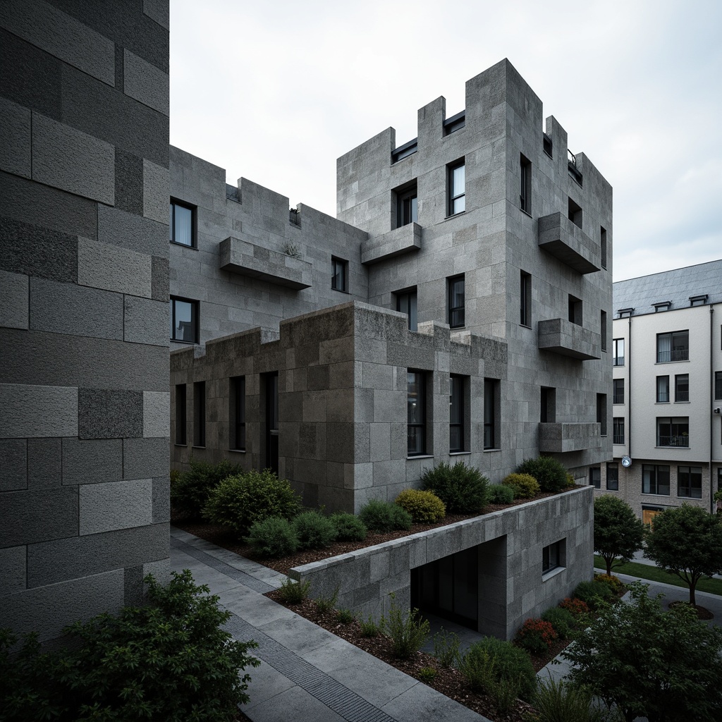 Prompt: Rugged brutalist architecture, textured concrete walls, rough-hewn stone fa\u00e7ades, fortress-like structures, dramatic cantilevered roofs, bold geometric shapes, raw unfinished surfaces, industrial materials, urban cityscape, overcast skies, moody atmospheric lighting, high contrast shadows, 1/2 composition, dramatic focal point, realistic textures, ambient occlusion.