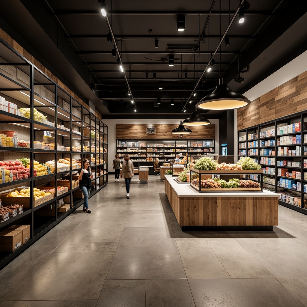 Prompt: Modern grocery store interior, minimalist aesthetic, sleek metal shelves, industrial-style storage units, reclaimed wood accents, polished concrete floors, soft warm lighting, shallow depth of field, 3/4 composition, panoramic view, realistic textures, ambient occlusion, monochromatic color scheme, neutral tones, subtle branding elements, efficient product display, optimized storage capacity, modular shelving systems, adjustable compartments, integrated LED displays, eco-friendly packaging solutions.