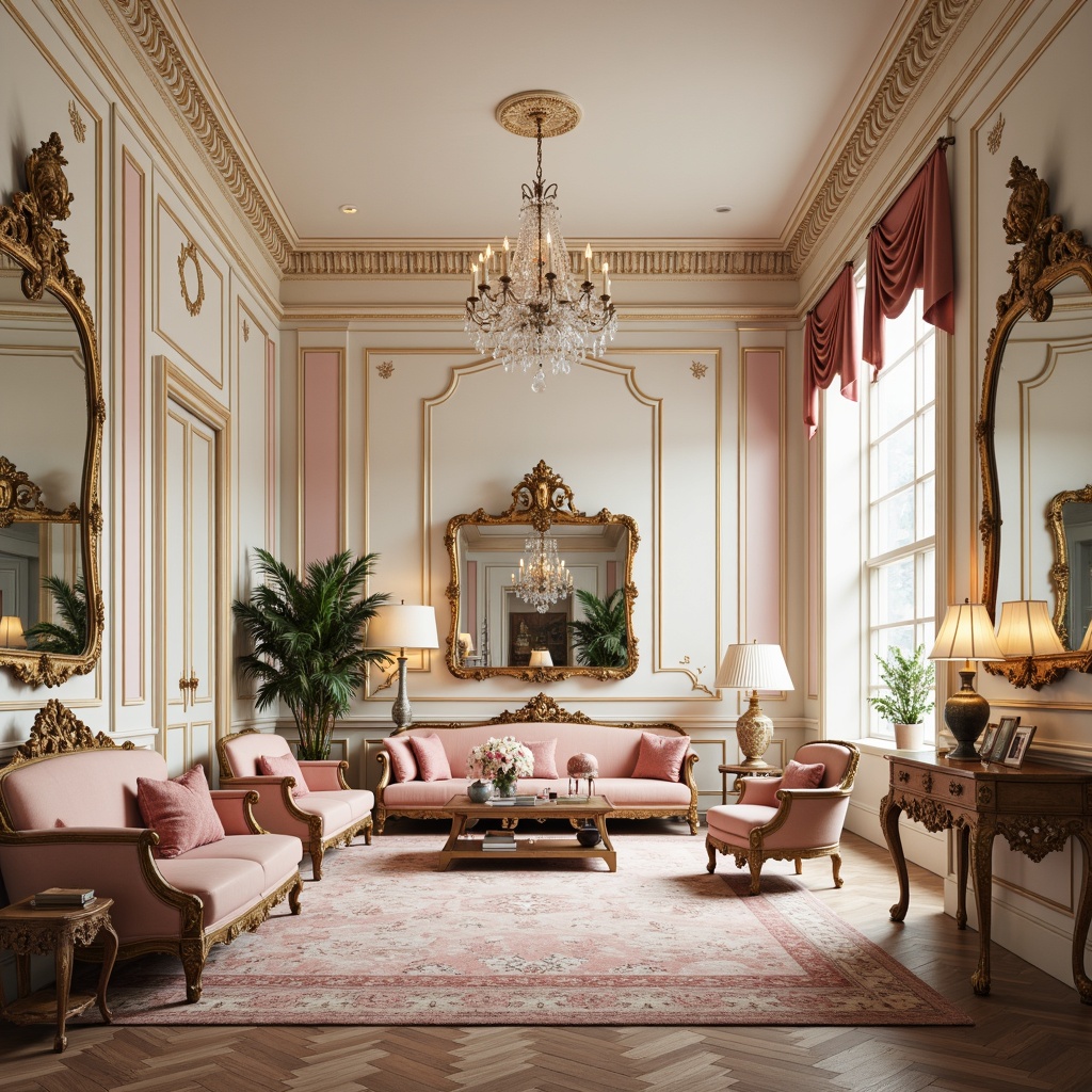 Prompt: Opulent Rococo-style interior, soft pastel hues, pale pink accents, creamy whites, rich gold leafing, intricate ornamentation, velvet upholstery, delicate florals, ornate mirrors, crystal chandeliers, lavish furnishings, luxurious fabrics, subtle sheen, warm candlelight, 1/1 composition, shallow depth of field, realistic textures.