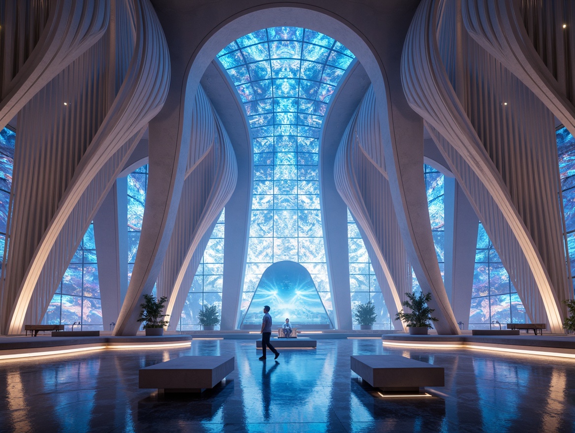 Prompt: Ethereal temples, gleaming metallic accents, iridescent stained glass windows, holographic projections, neon-lit altars, futuristic pulpits, sweeping curves, minimalist ornamentation, levitating benches, ambient luminescence, soft misty atmosphere, 3/4 composition, low-angle shots, cinematic lighting, realistic reflections, intricate circuitry patterns, sacred geometries, holographic frescoes, celestial-inspired murals, aurora-like illumination, crystal-clear glass floors, polished chrome fixtures, aerodynamic archways.