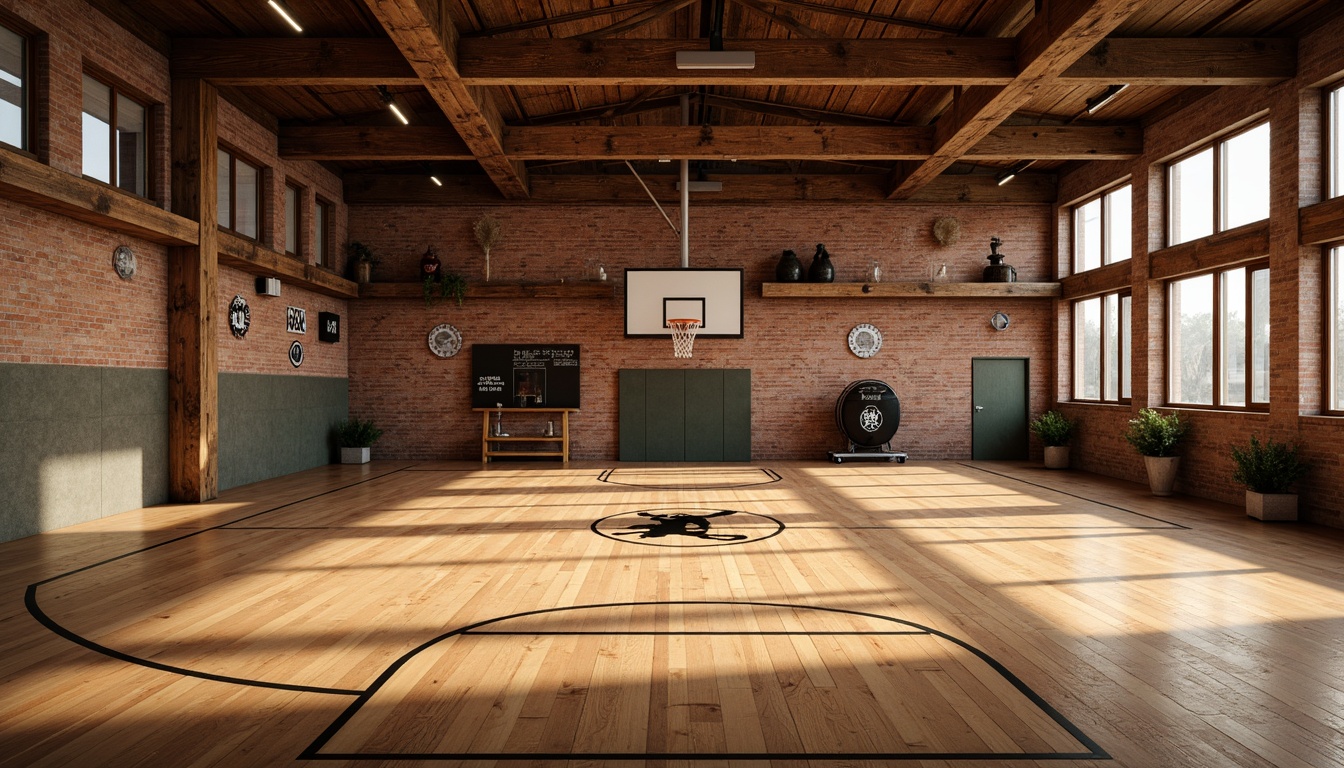 Prompt: \Rustic gymnasium interior, polished wooden flooring, natural maple wood tones, basketball court markings, athletic equipment silhouettes, exposed brick walls, distressed metal accents, vintage sports memorabilia, warm overhead lighting, shallow depth of field, 1/1 composition, realistic textures, ambient occlusion.\