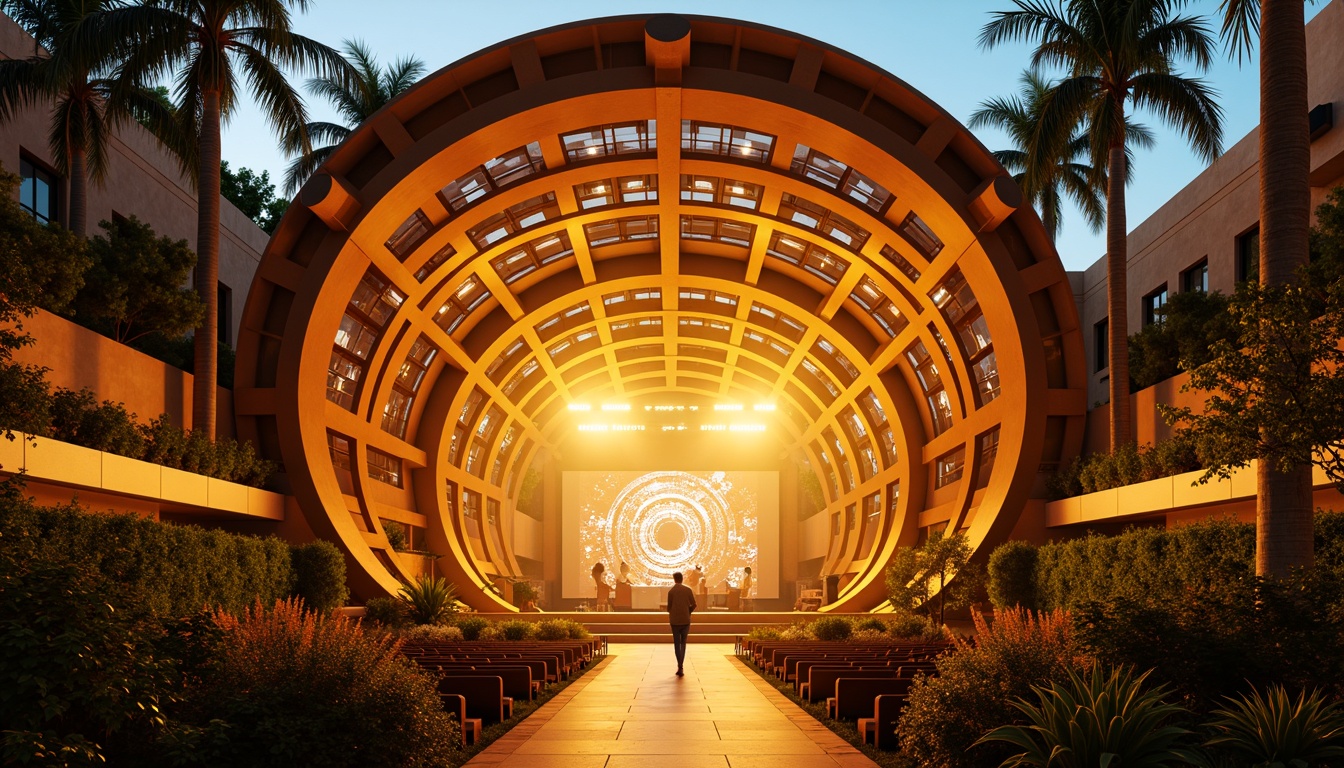 Prompt: Retro-futuristic amphitheater, warm golden lighting, sleek metal beams, minimalist stage design, curved lines, organic shapes, natural stone walls, lush greenery, vibrant tropical plants, warm summer evening, soft warm glow, dramatic spotlights, subtle color changing effects, LED light installations, dynamic pattern projections, 3/4 composition, shallow depth of field, cinematic atmosphere, realistic textures, ambient occlusion.