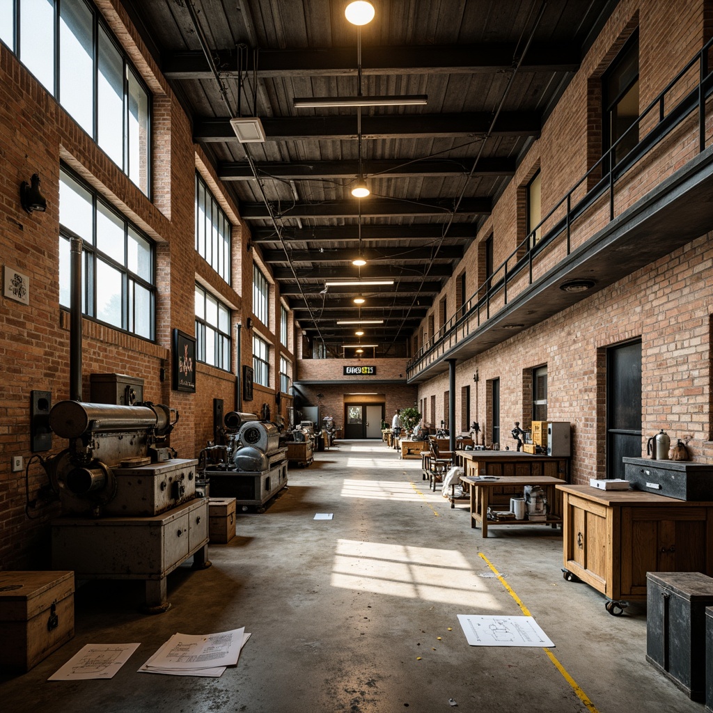 Prompt: Industrial workshop interior, exposed brick walls, metallic machinery, worn wooden floors, functional lighting, steel beams, rusty equipment, distressed textures, vintage signage, earthy tones, muted colors, beige walls, gray concrete, blueprints scattered, toolboxes lined up, industrial chic aesthetic, high contrast shadows, dramatic spotlighting, cinematic composition.