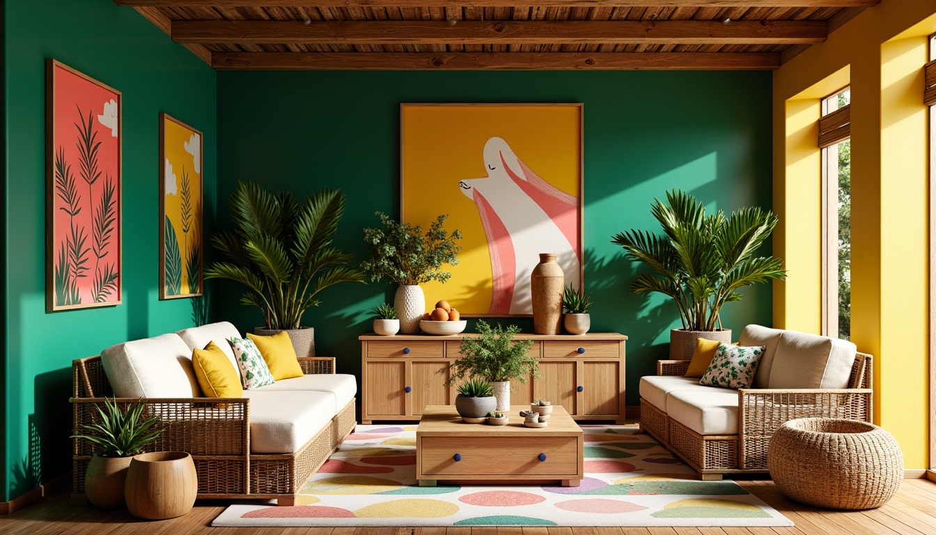 Prompt: Vibrant tropical interior, lush green walls, exotic wood accents, bright coral hues, sunny yellow shades, creamy white tones, natural linen fabrics, woven rattan furniture, rustic wooden floors, tropical leaf patterns, ocean-inspired blues, warm golden lighting, shallow depth of field, 1/2 composition, soft focus, realistic textures.