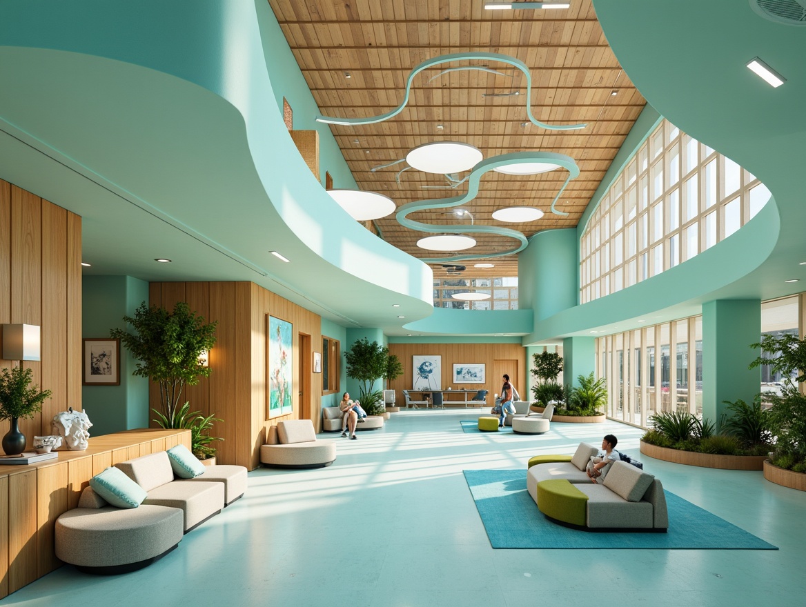 Prompt: Vibrant healthcare center, expressionist architecture, bold curved lines, bright pastel colors, soothing blue hues, calming green tones, warm beige accents, natural wood textures, comfortable waiting areas, cozy consultation rooms, modern medical equipment, futuristic lighting fixtures, abstract artwork, dynamic sculptures, lush indoor plants, airy open spaces, high ceilings, large windows, soft diffused lighting, 1/2 composition, cinematic depth of field, realistic material reflections.