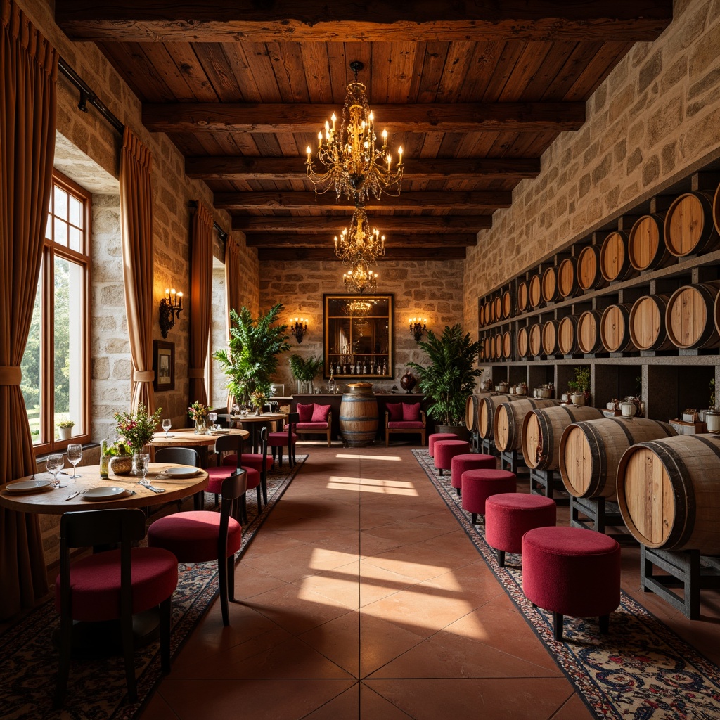 Prompt: Rich winery interior, rustic wooden beams, stone walls, vintage wine barrels, elegant chandeliers, earthy terracotta floors, warm golden lighting, soft velvet furnishings, luxurious drapery, ornate metalwork, refined wood accents, subtle wine-inspired patterns, deep berry reds, rich walnut browns, creamy whites, soft sage greens, muted golds, ambient candlelight, shallow depth of field, 1/1 composition, realistic textures, warm atmospheric effects.