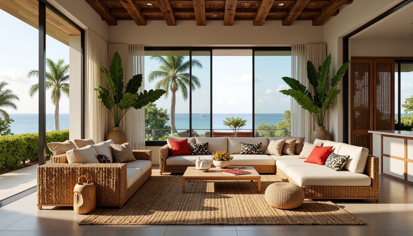 Prompt: Tropical living room, rattan furniture, natural wicker textures, vibrant colorful throw pillows, palm tree patterns, exotic wood accents, woven sea grass rugs, minimalist design, open layout, large windows, sliding glass doors, ocean views, sunny day, soft warm lighting, 3/4 composition, realistic renderings, ambient occlusion.