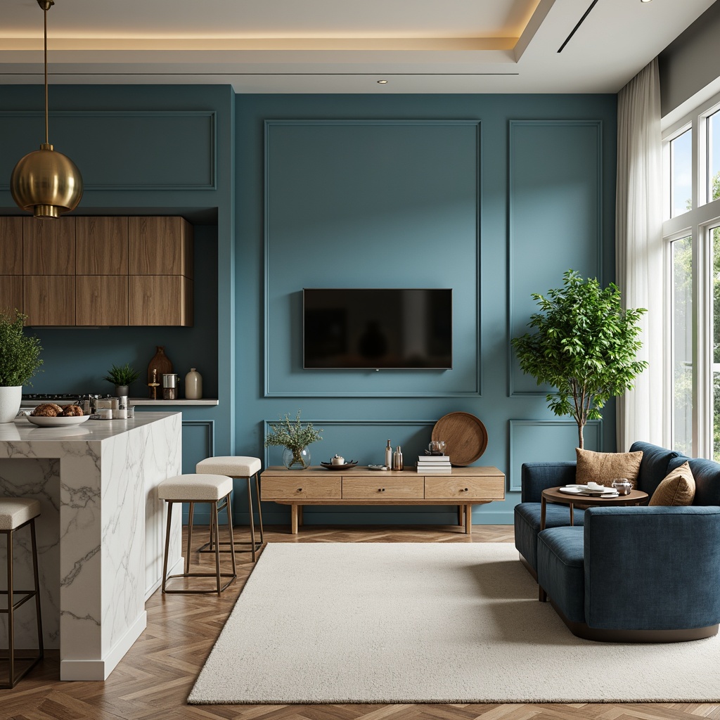 Prompt: Cerulean blue accent wall, creamy white marble countertops, soft sage greenery, warm beige furniture, metallic gold lighting fixtures, velvety dark blue sofas, natural wood flooring, subtle texture patterns, elegant modern decor, serene ambiance, bright morning light, shallow depth of field, 1/1 composition, realistic reflections.