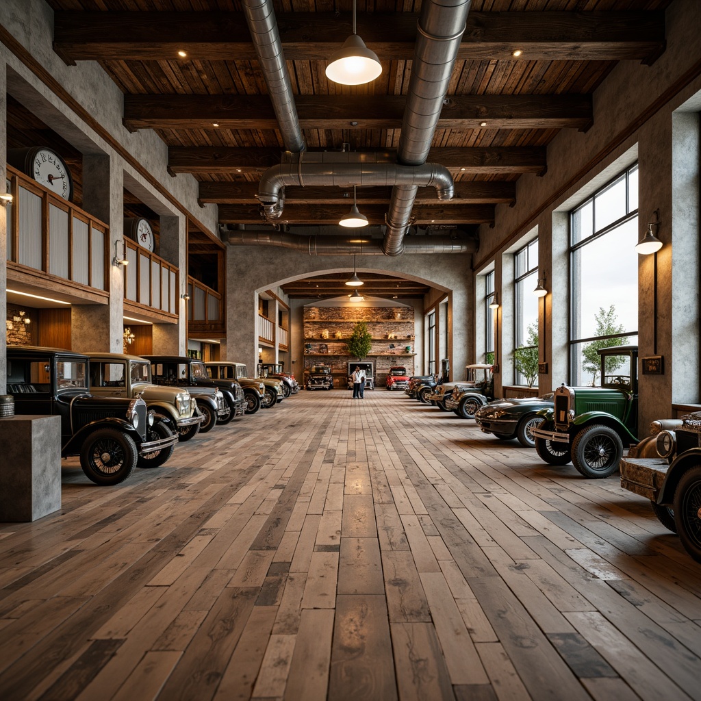 Prompt: Rustic garage interior, reclaimed wood flooring, distressed wooden planks, earthy tones, natural textures, industrial metal accents, vintage car displays, exposed brick walls, concrete foundations, overhead lighting, soft warm ambiance, shallow depth of field, 1/1 composition, realistic reflections, ambient occlusion.