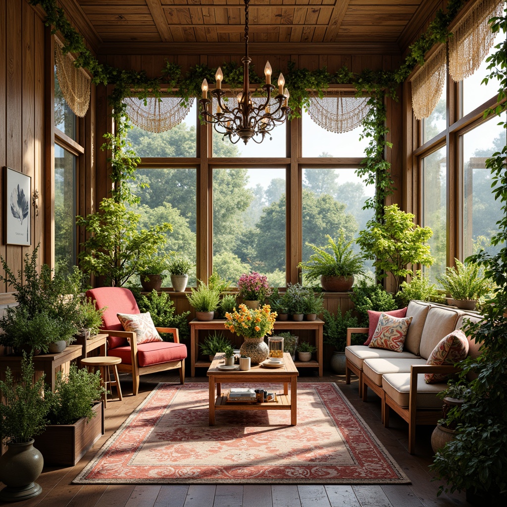 Prompt: Vibrant sunroom interior, lush greenery, colorful flower arrangements, ornate wooden furniture, delicate lace curtains, intricate metalwork details, warm natural lighting, soft diffused shadows, inviting cozy atmosphere, eclectic decorative accents, vintage-inspired accessories, plush throw pillows, richly textured rugs, distressed wood finishes, elegant chandeliers, whimsical wall art, playful patterned fabrics, airy open space, panoramic garden views, serene outdoor scenery, warm sunny day, gentle breeze.